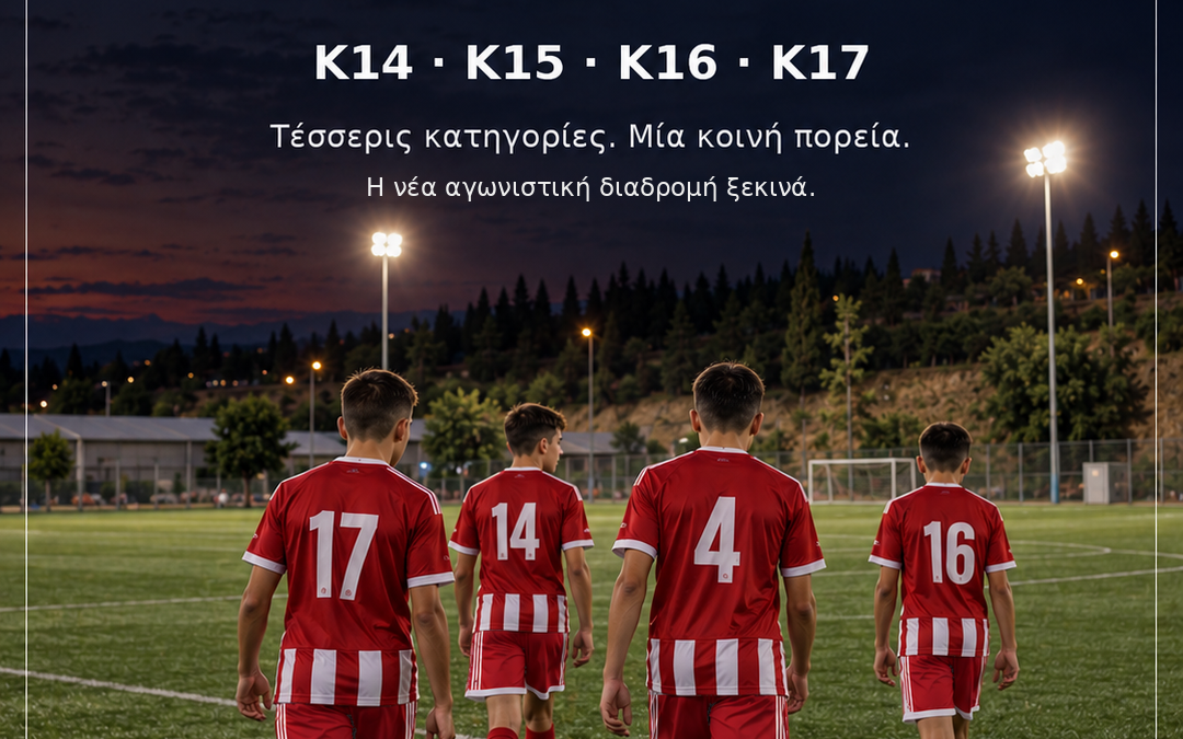 Κάρτα ανακοίνωσης της συμμετοχής του Ολυμπιακού Θεσσαλονίκης στη League 1 της ΕΠΣ Μακεδονίας 2026–27, με τις κατηγορίες Κ14, Κ15, Κ16 και Κ17.