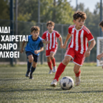 Παιδιά της ακαδημίας ποδοσφαίρου σε αγωνιστική δράση, με θέμα τη χαρά του παιχνιδιού και την ανάπτυξη.